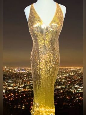 Basix II 100% Silk and Gold Sequin Evening Gown Dress Women’s Size 10